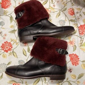 UGG Red Trim Sherpa Black Leather Booties